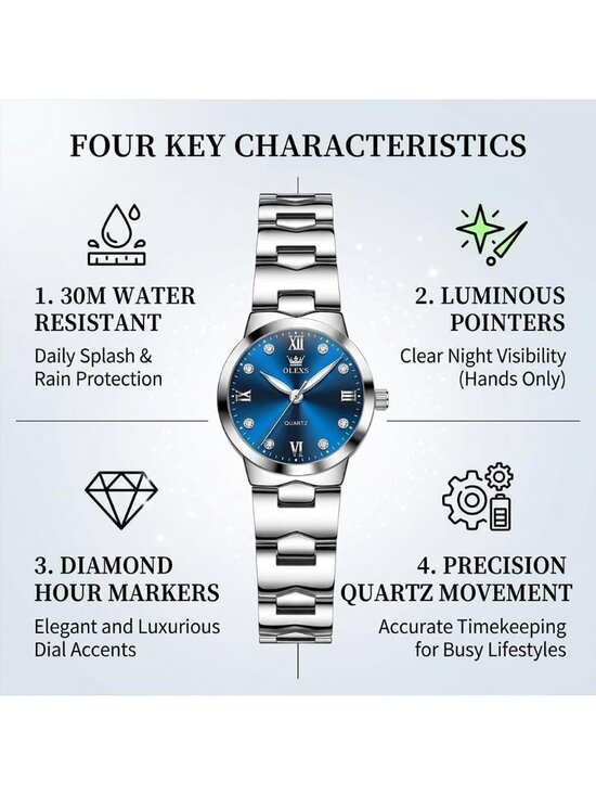Women\'s Blue and Silver Analog Quartz Waterproof Stainless Steel Band Watch